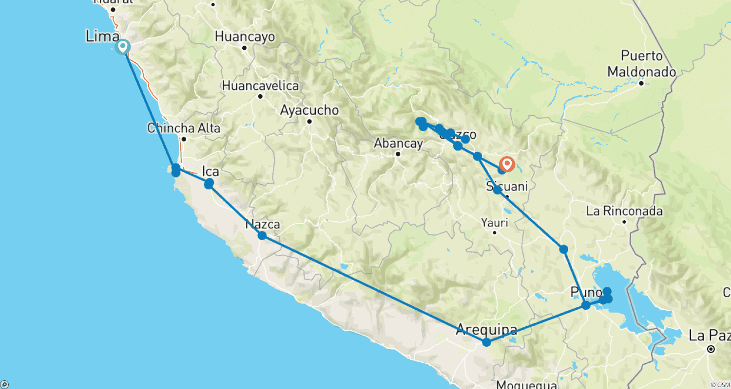Mapa trasy: Najlepsze z Peru w 15 dni: Lima, Nazca, Arequipa, Cusco i Machu Picchu
