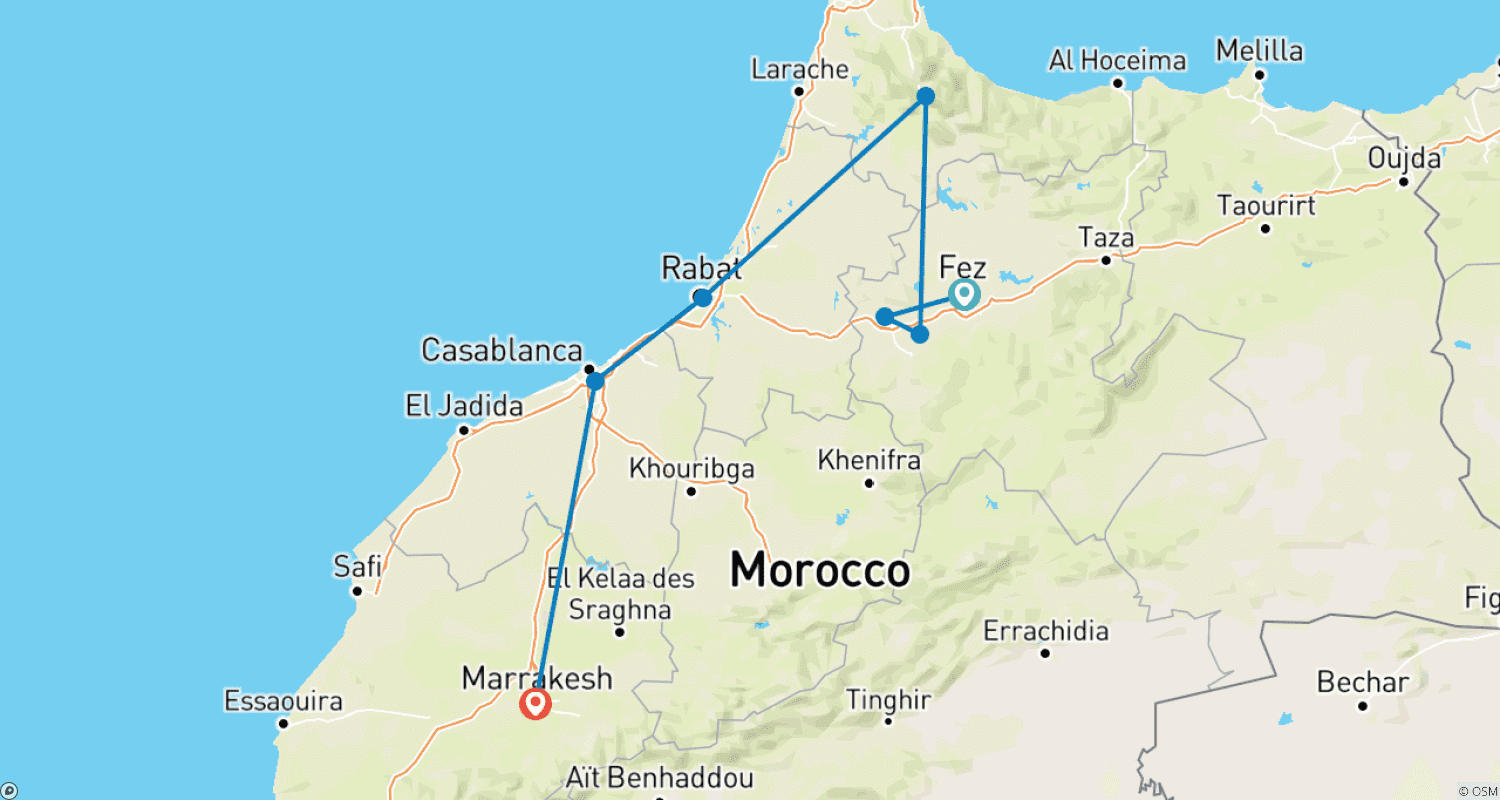 Mapa do percurso de De Fez a Marraquexe visitando Chefchaouen, Rabat e Casablanca