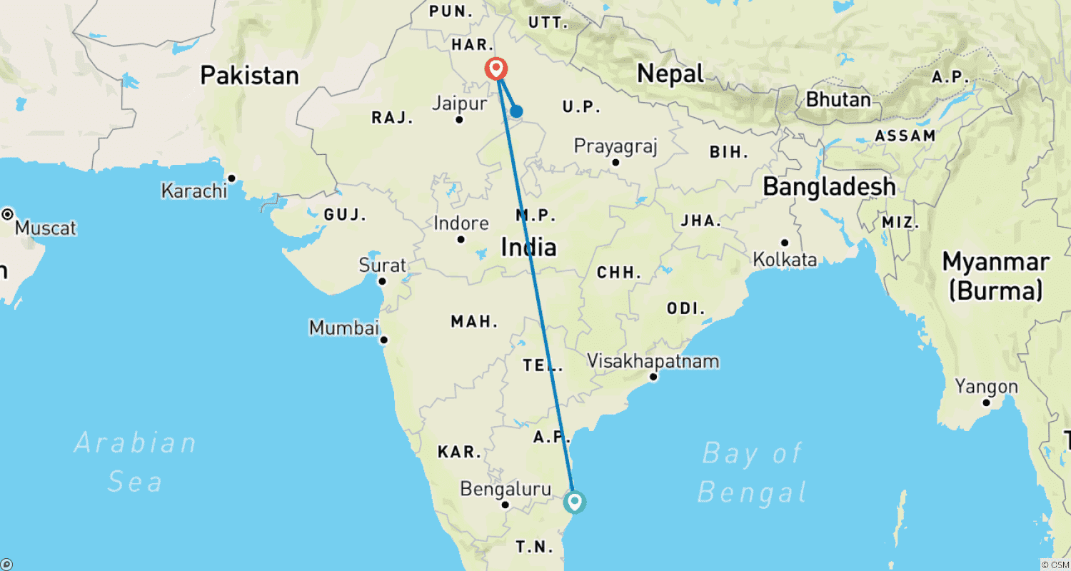 Mapa do percurso de Voo para Deli: Experimentando a Majestade do Taj Mahal e Agra saindo de Chennai