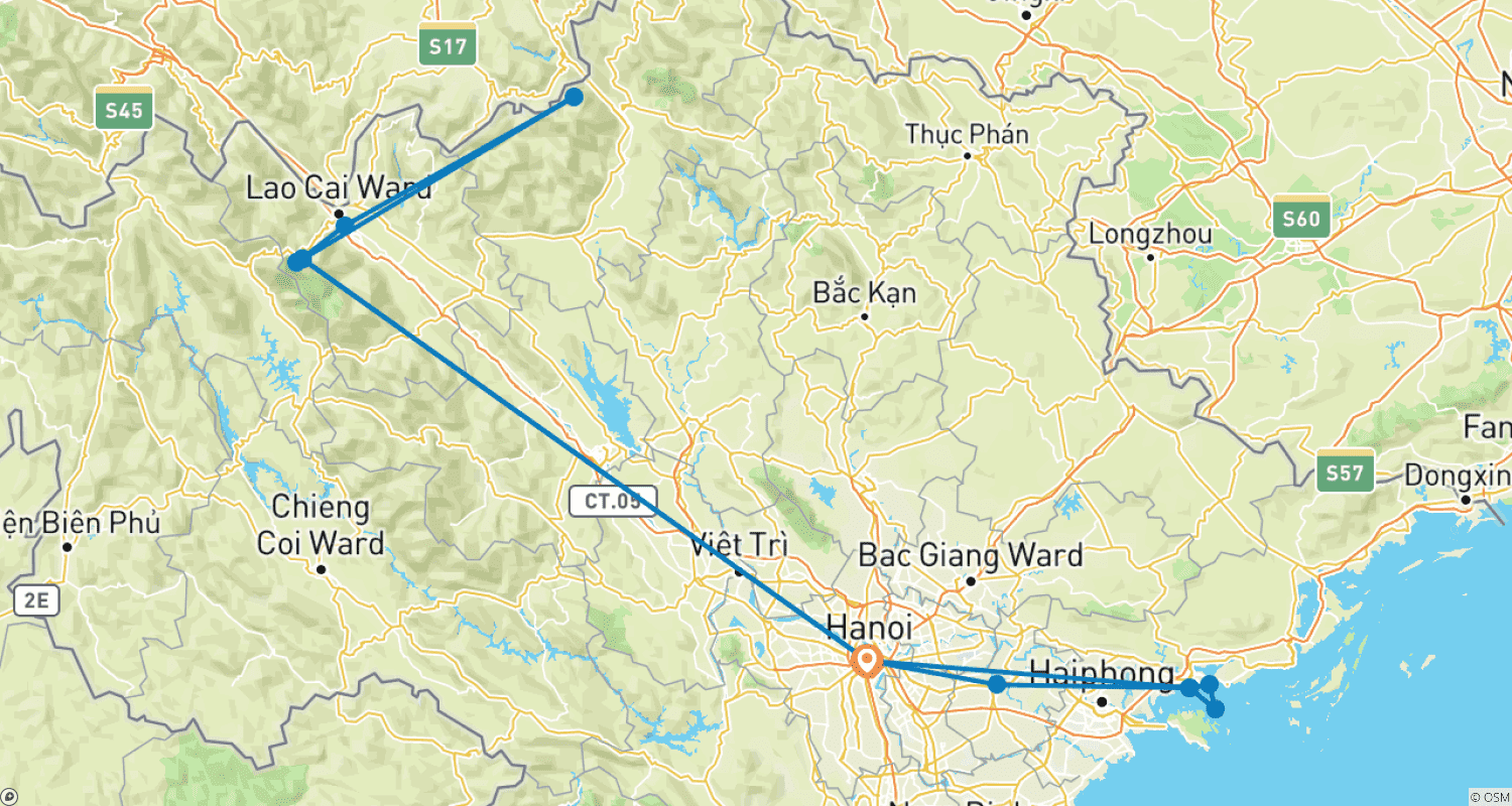 Mapa trasy: Wycieczka po Północnym Wietnamie do Hanoi - Sapa - Zatoka Halong