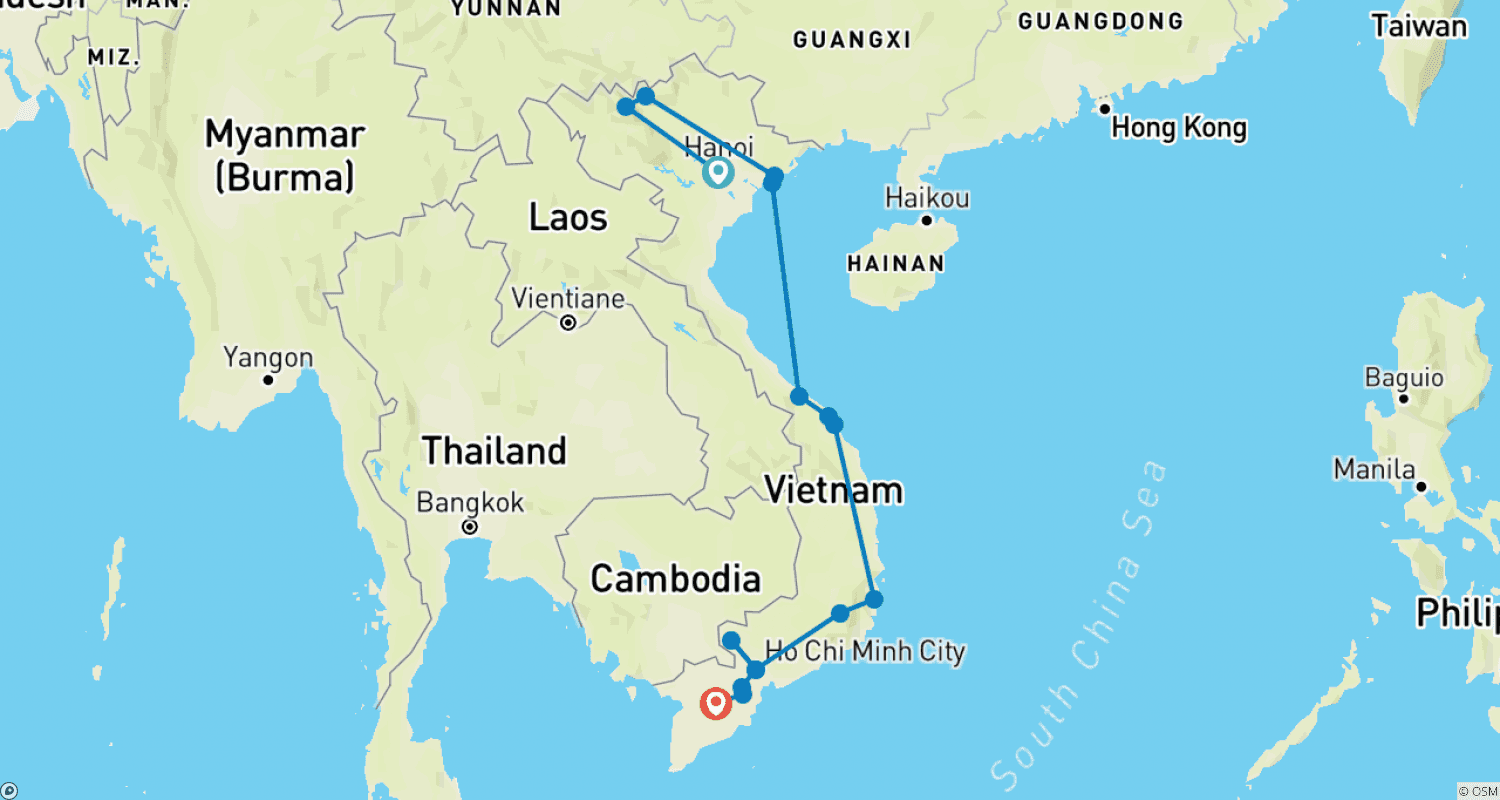 Mapa trasy: Najlepsza wycieczka po Wietnamie: Sapa, Halong, Hoi An, Nha Trang, Da Lat, Sajgon, Delta Mekongu