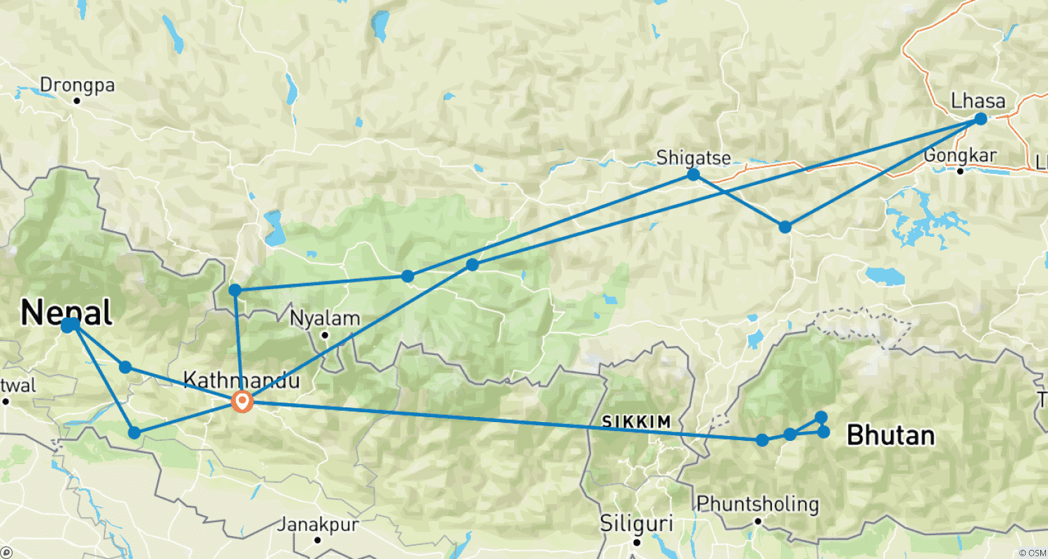 Mapa trasy: Wycieczka do Nepalu, Bhutanu i Tybetu