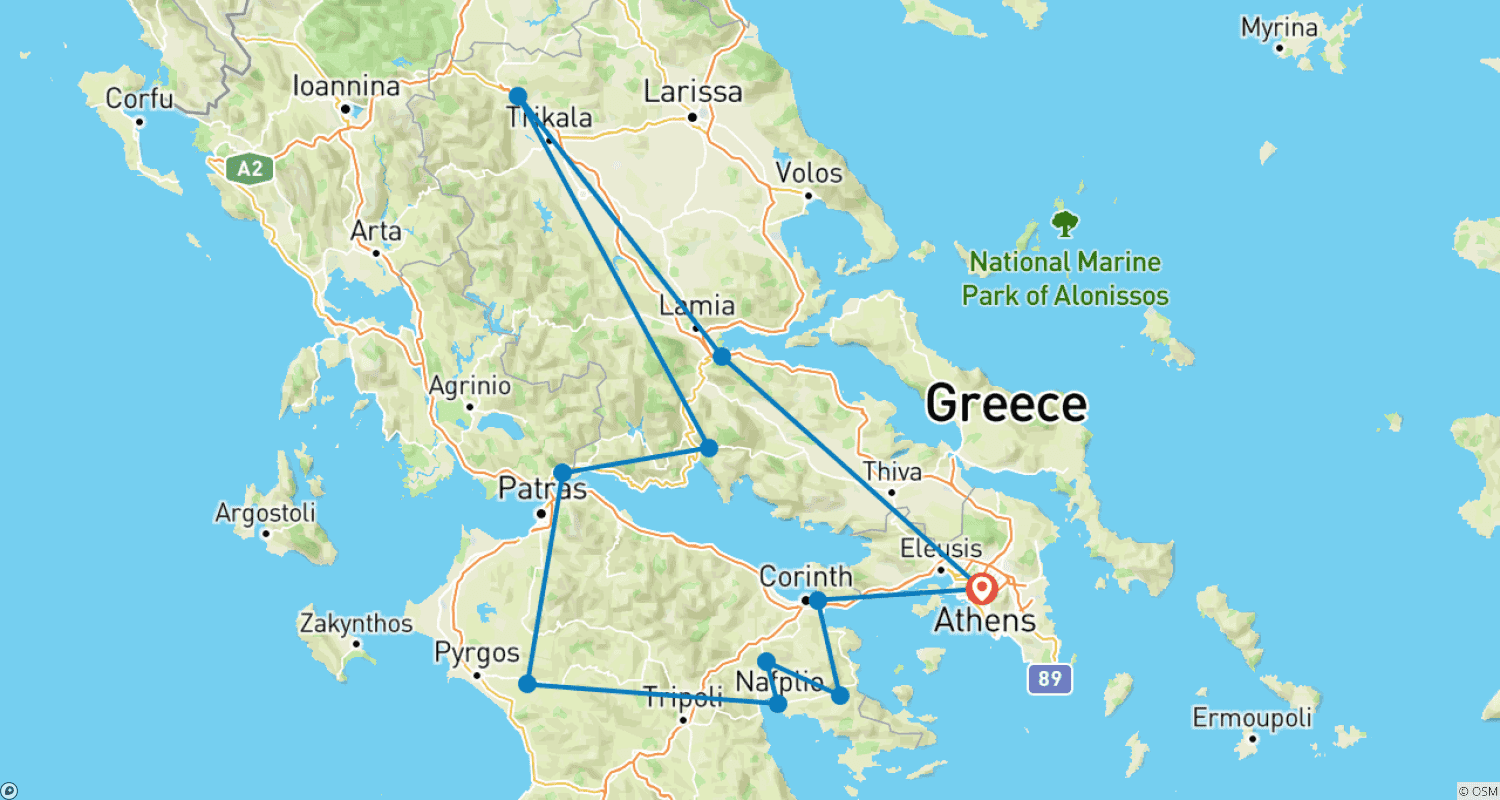 Mapa trasy: 4-dniowa prywatna wycieczka dziedzictwa, Mykeny, Olimpia, Delfy, Meteory
