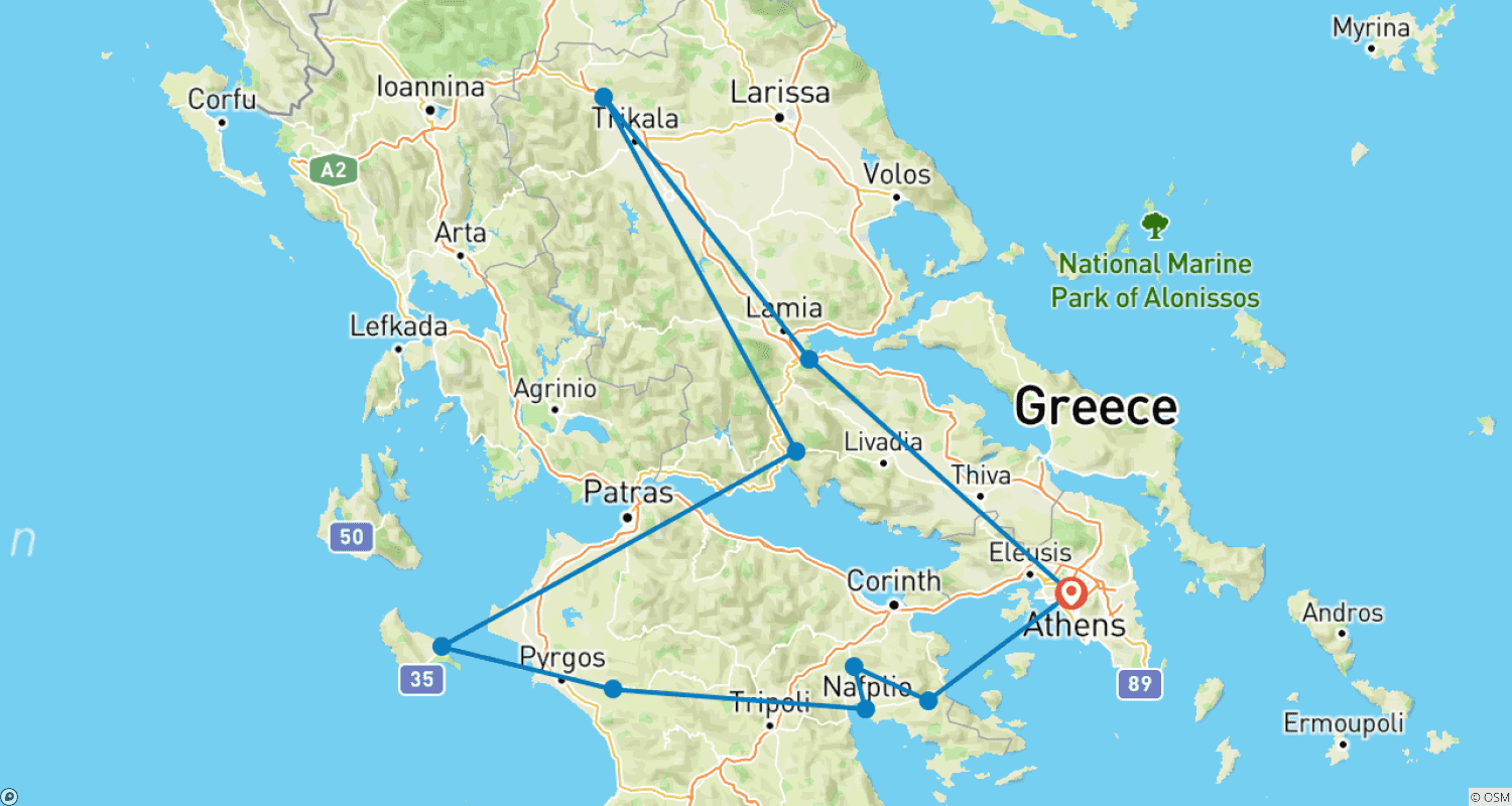 Mapa do percurso de Viagem de 5 Dias pela Grécia Antiga e Ilha das Tartarugas de Zakynthos