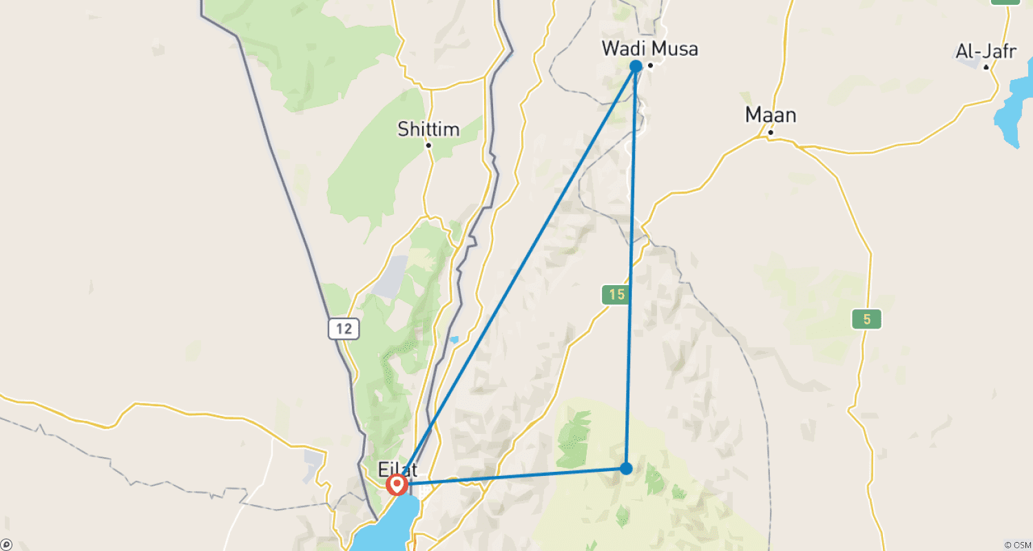 خريطة مسار جولة وادي رم والبتراء لمدة 03 أيام - 02 ليلتين (يومان في البتراء) من حدود إيلات (ELT-JHT-007)