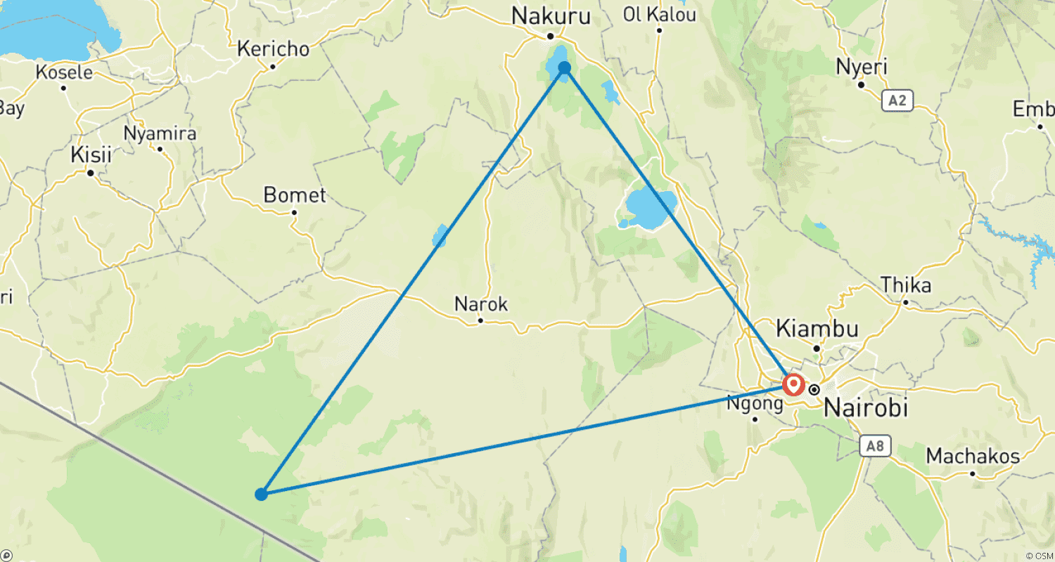 Mapa do percurso de Safari de 4 Dias em Maasai Mara e Lago Nakuru