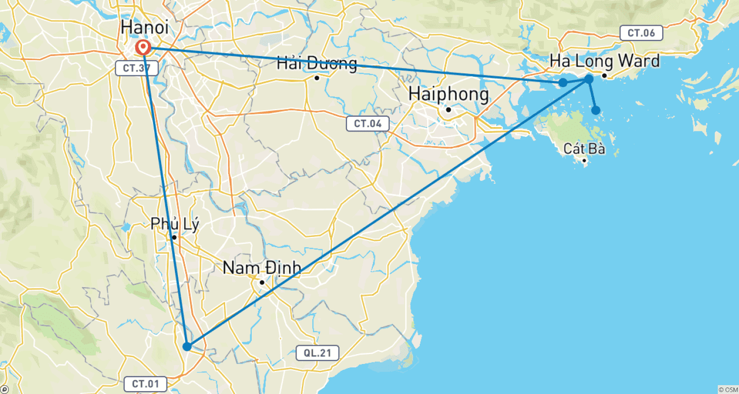 Mapa trasy: Wyjątkowa wycieczka po Hanoi do Ninh Binh i Zatoki Halong