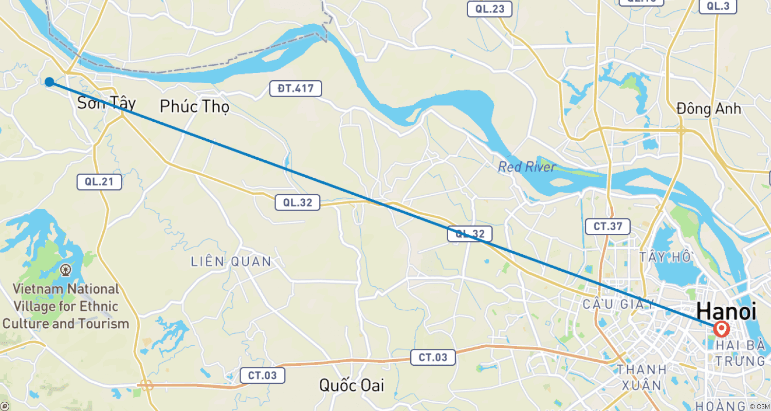 Mapa do percurso de Tour Cultural Autêntico de Hanói às antigas Aldeias de Duong Lam e Seda de Van Phuc e Pagode Tay Phuong