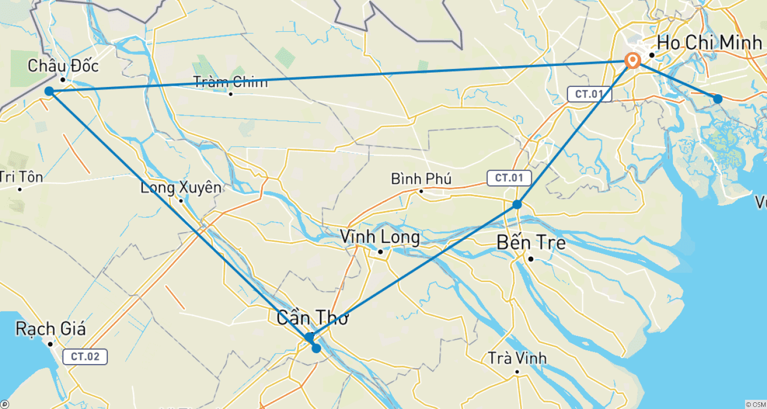 Mapa do percurso de Excursão de Descoberta do Delta do Mekong de Saigon para My Tho, Ben Tre, Can Tho e Chau Doc