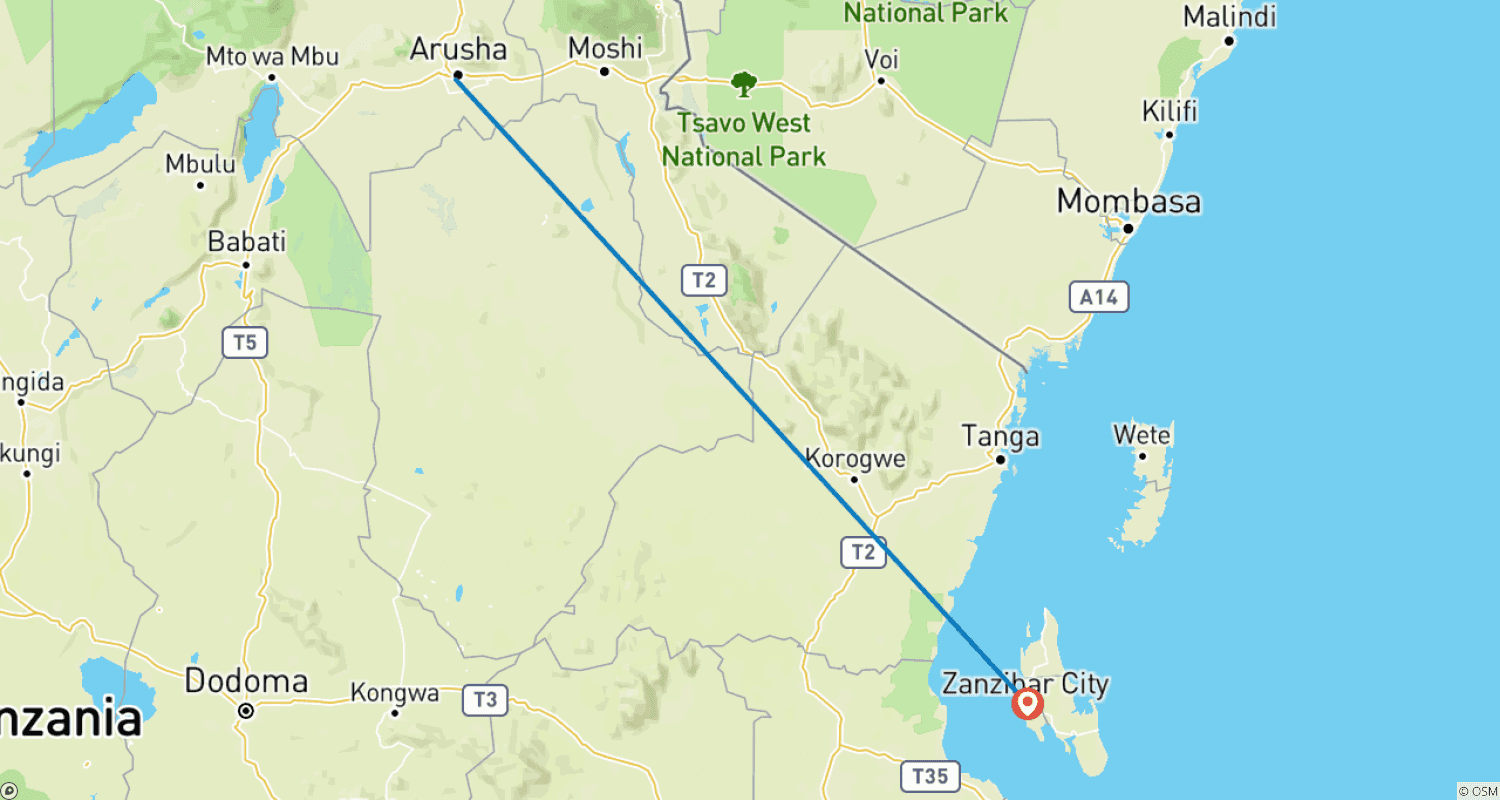 Mapa trasy: 5-dniowa wycieczka plażowa na Zanzibarze