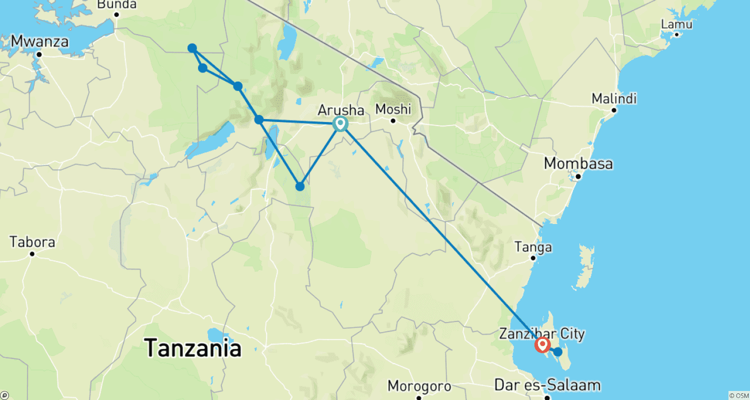 Mapa trasy: 7-dniowe Safari w Tanzanii i Wakacje na Plaży na Zanzibarze