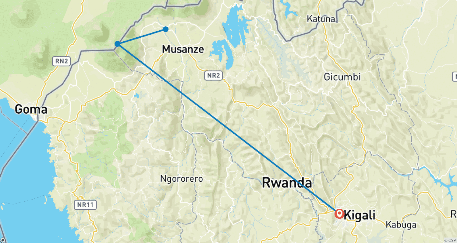 Mapa do percurso de Safari de Gorilas e Genocídio em Ruanda