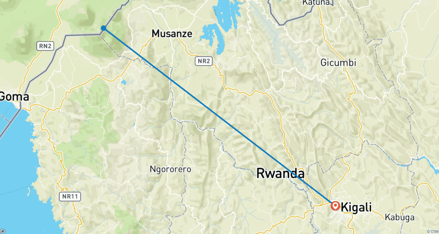 Mapa do percurso de Trekking de Gorilas e Tour de Macacos Dourados em Ruanda
