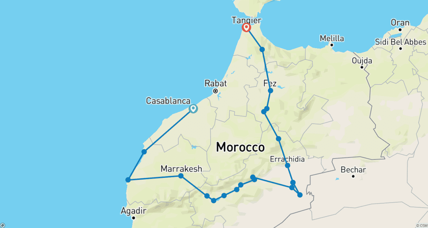 خريطة مسار جولة المغرب الخاصة لمدة 9 أيام: من الدار البيضاء إلى طنجة، مع استكشاف الصويرة ومراكش والبرّاز والعرائش وفاس وشفشاون