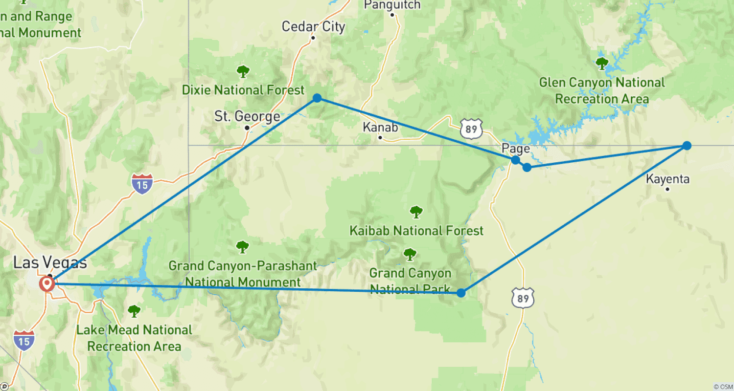 Mapa do percurso de Grand Canyon e Mais: Excursão de 3 dias