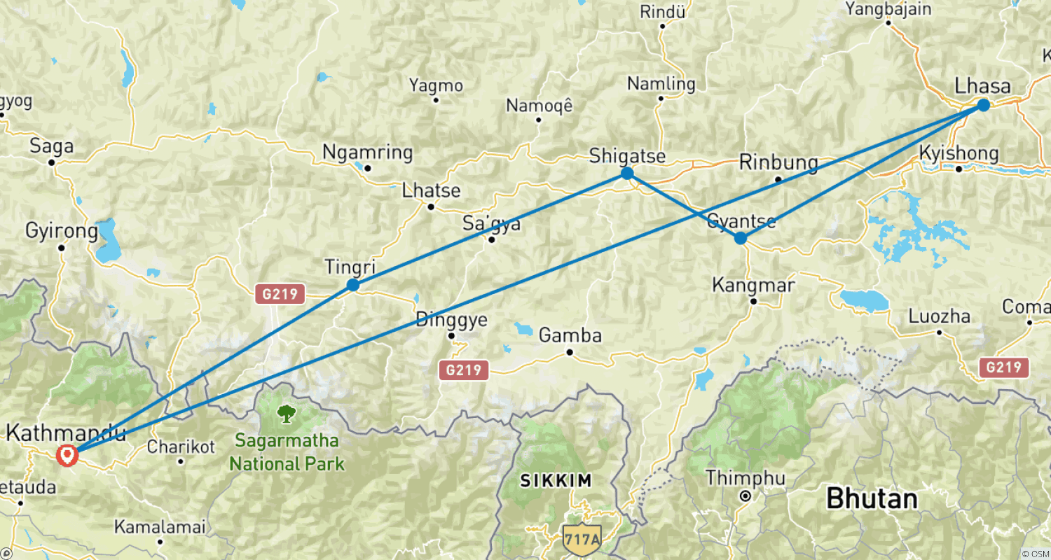 Tibet Overland Tour Combined Everest Base Camp Adventureのルートマップ