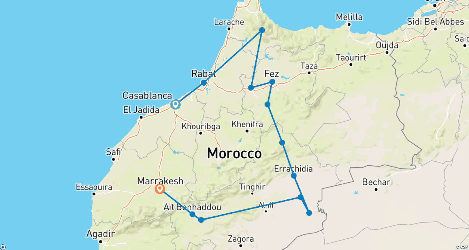 Mapa trasy: Casablanca to Marrakech Private 6-days