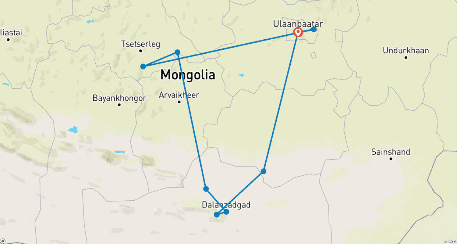 Mapa do percurso de Tour Clássico pelo Deserto de Gobi 10D/9N