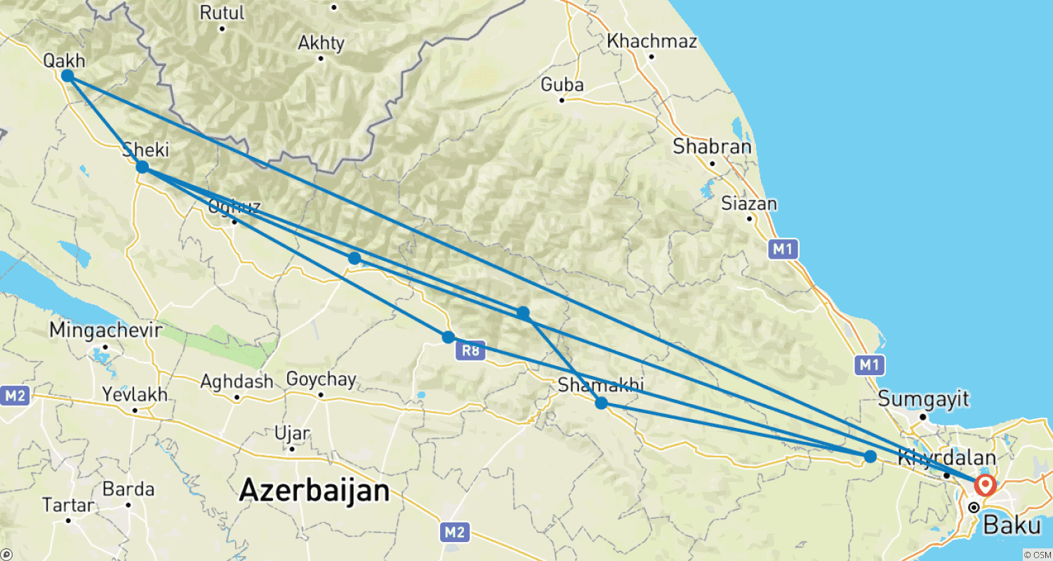 Mapa do percurso de 8 dias e 7 noites para descobrir as cidades de Baku, Sheki e Qakh
