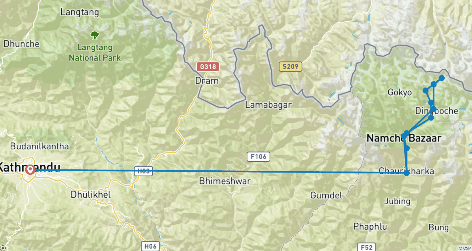 Mapa do percurso de 15 Dias - Caminhada com Vista para o Everest