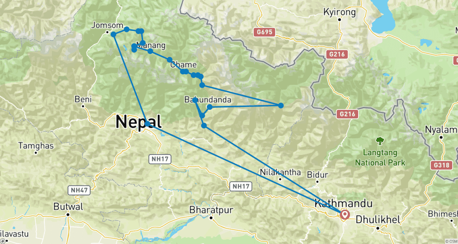 Mapa trasy: Trekking nad jeziorem Tilicho – 19 dni