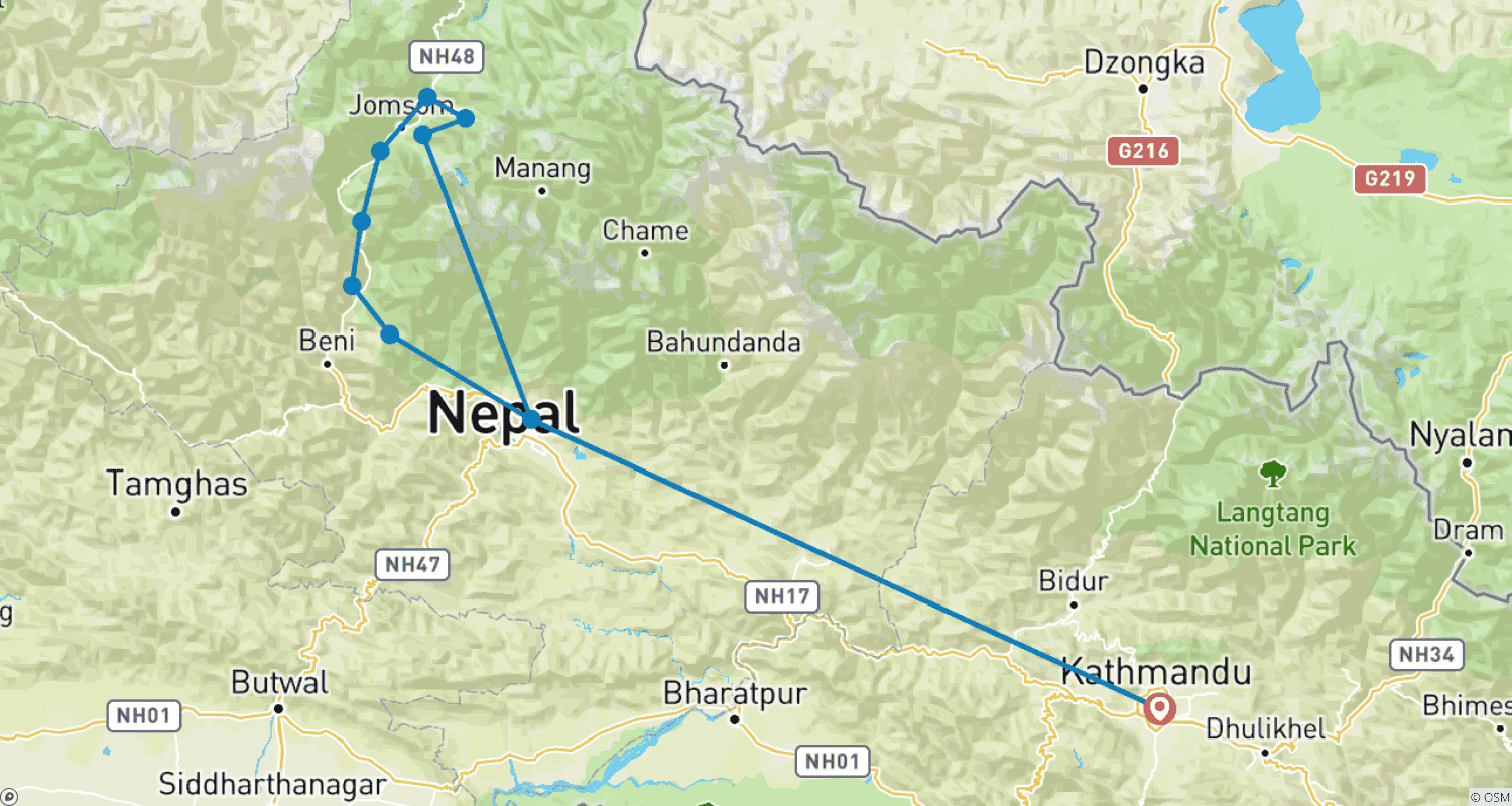 Mapa do percurso de 13 Dias - Trekking Jomsom Muktinath