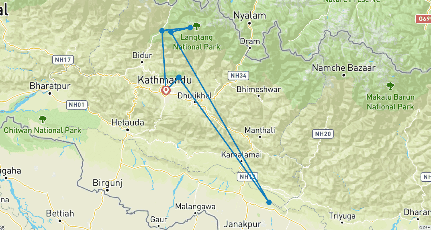Mapa do percurso de 10 Dias - Caminhada Cultural em Langtang - Passagem de Gosainkund