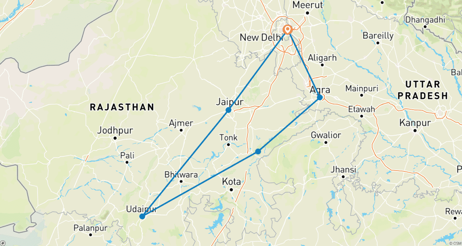 Mapa trasy: 8 Day Delhi Agra Ranthambore Udaipur Jaipur Delhi Tour{Taj Mahal, Tigers, Lakes & More}