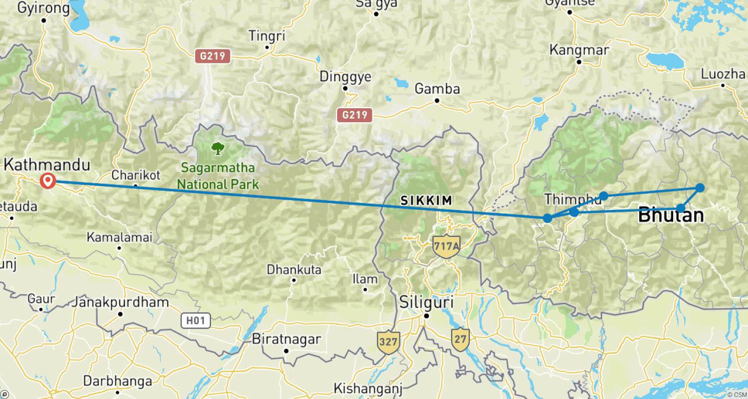 12日間 - BHUMTHANG CULTURAL TREK -のルートマップ