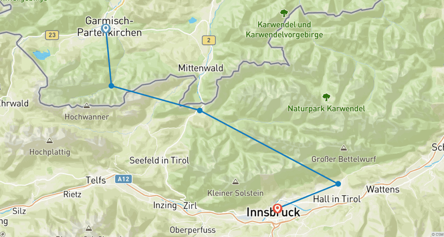 خريطة مسار عبر تيرول: Garmisch - Innsbruck
