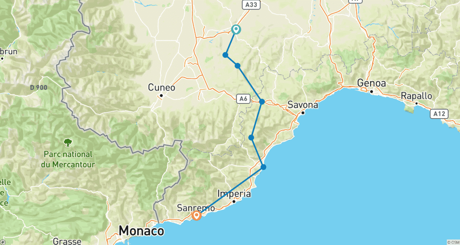 Mapa trasy: Piemont – Liguria