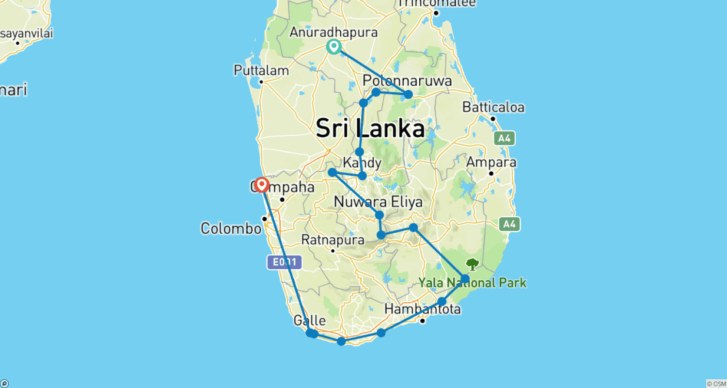 Mapa do percurso de Tour Privado de Luxo no Sri Lanka 2024