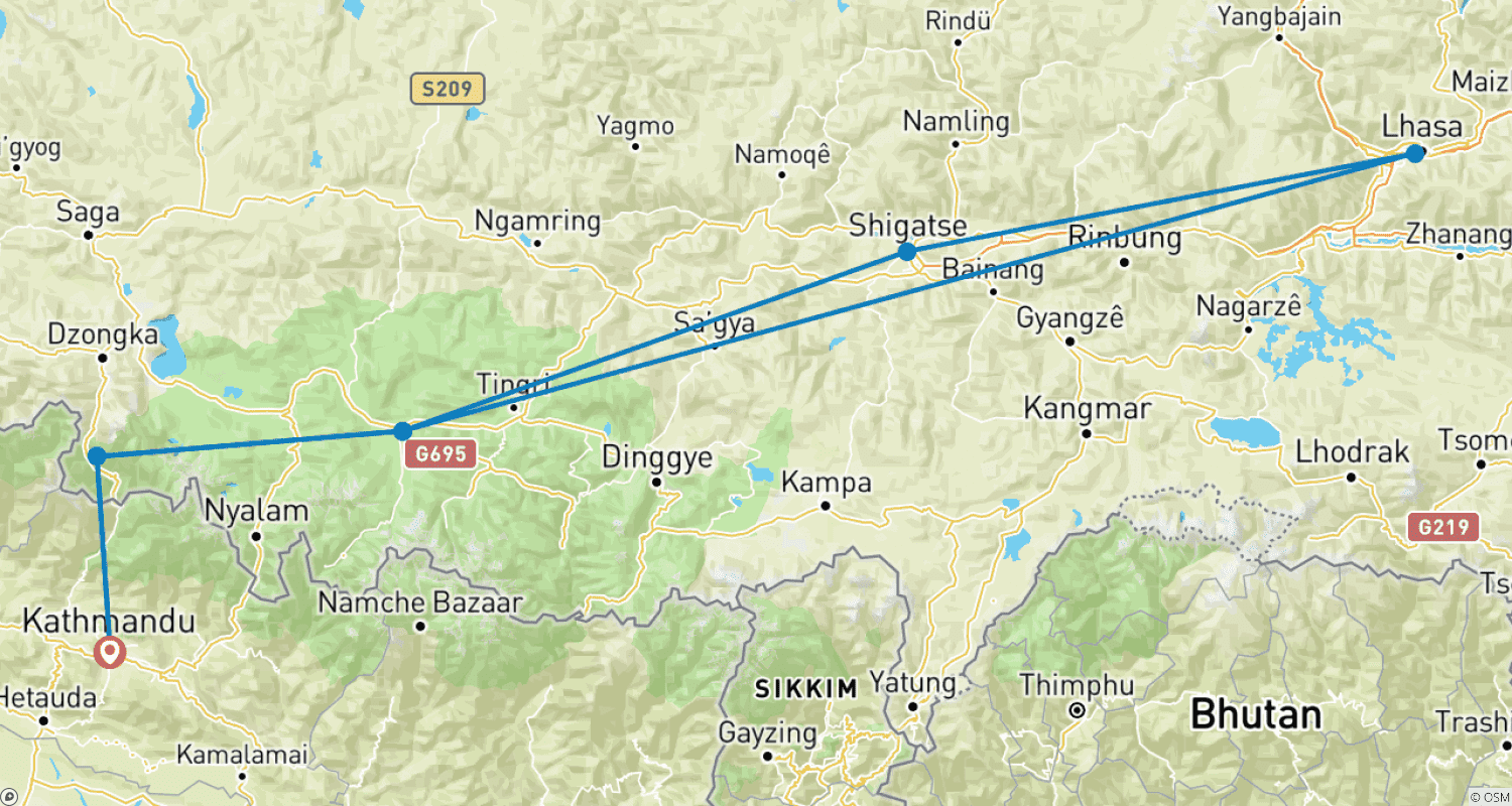Mapa do percurso de 8 Dias - Viagem Terrestre de Lhasa a Catmandu via Acampamento Base do Everest
