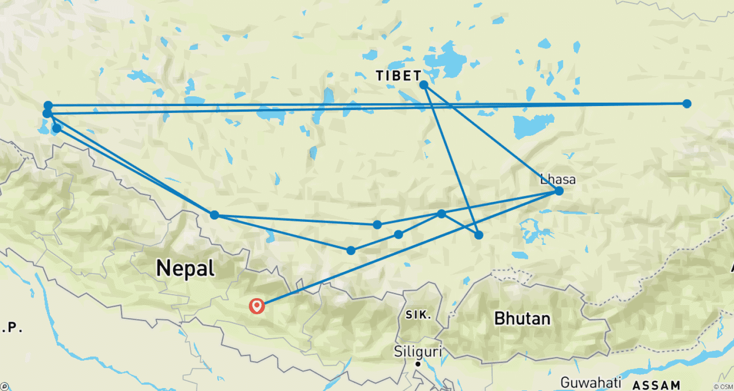 Mapa do percurso de 19 Dias - Expedição ao Tibete com Peregrinação ao Monte Kailash