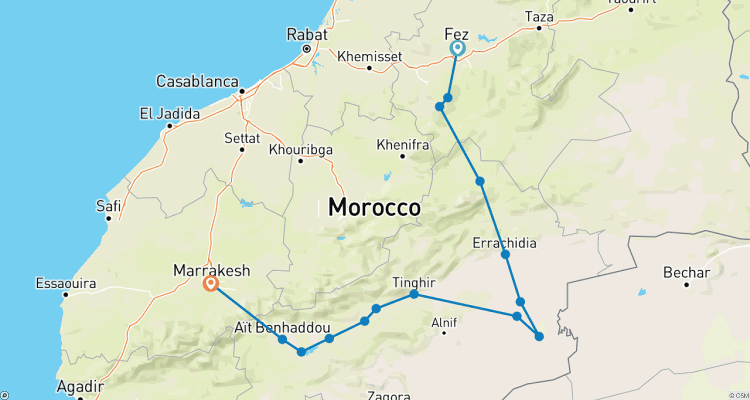 From Fes to Marrakesh Desert experience ( Luxury Accommodations )のルートマップ