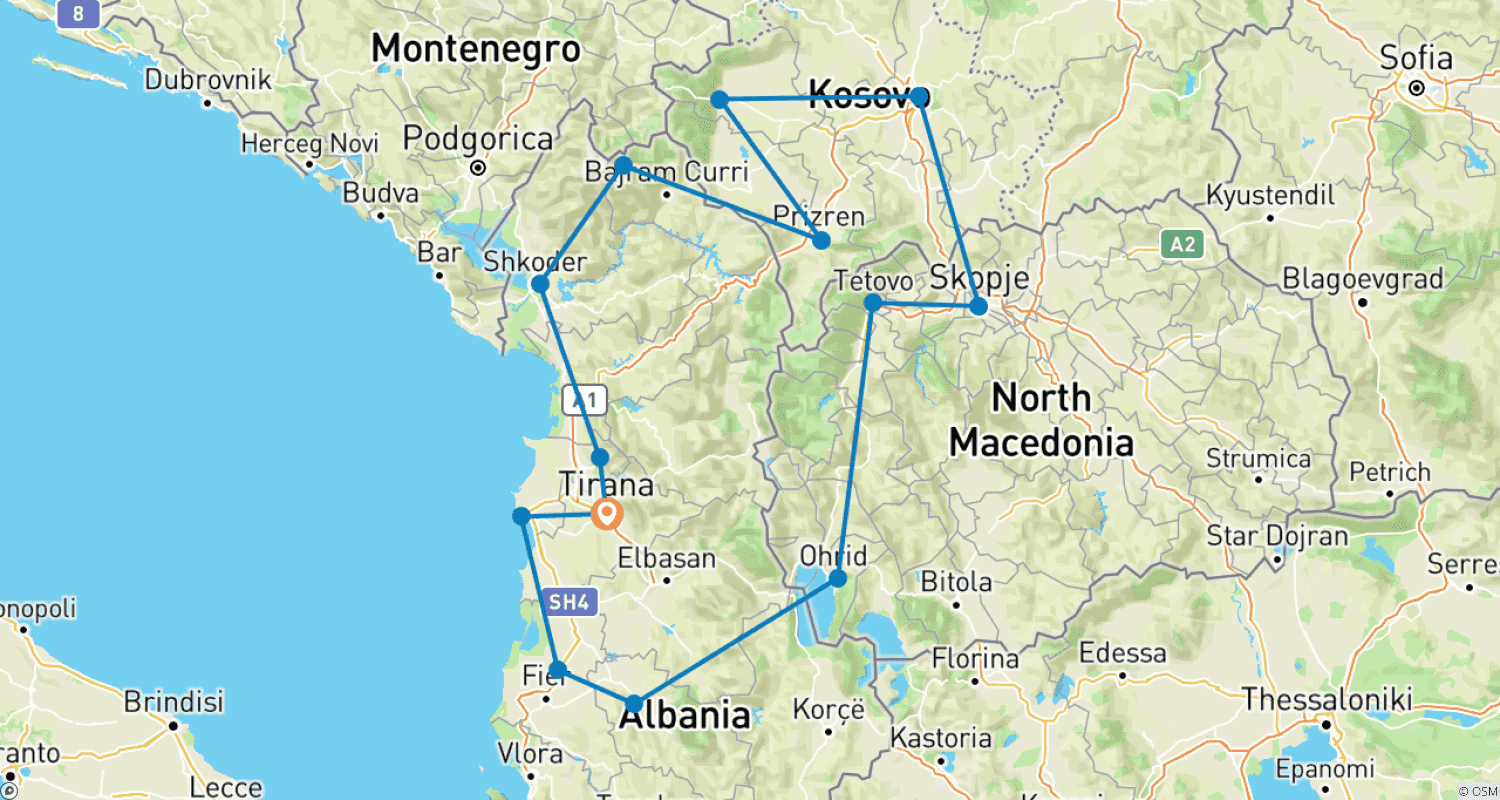 Mapa do percurso de Tour Albânia - Kosovo - Macedônia do Norte