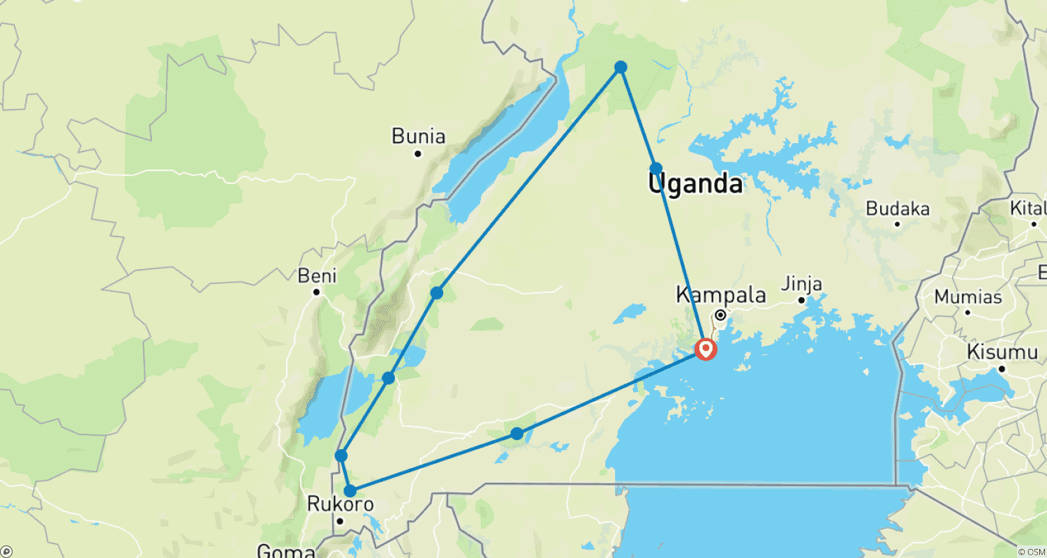Mapa do percurso de Safari de 11 Dias: Primatas, Leões Trepadores de Árvores e Vida Selvagem
