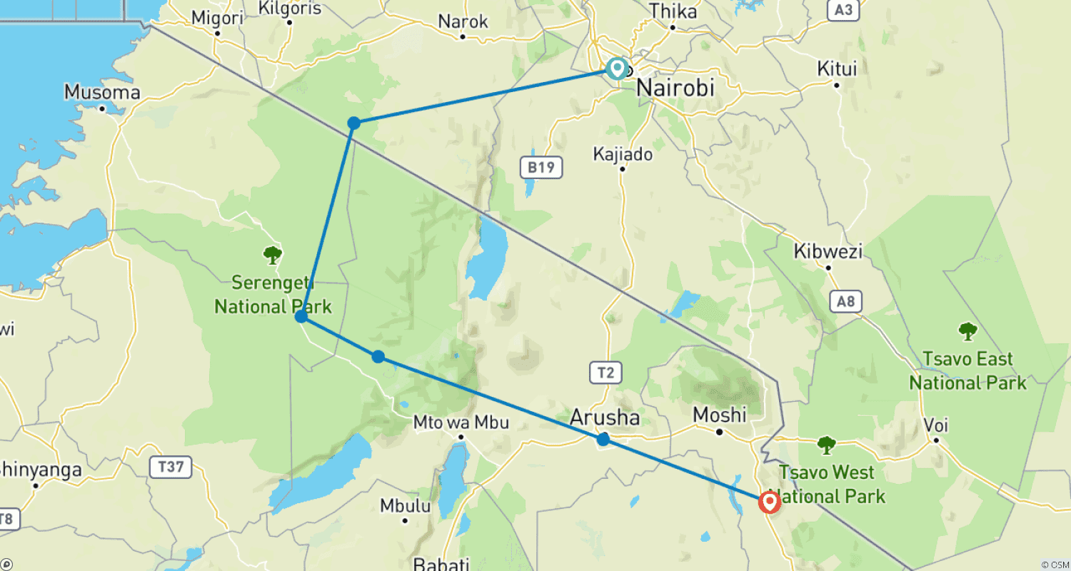 Mapa do percurso de Safári Clássico da Grande Migração no Quênia e Tanzânia 2024