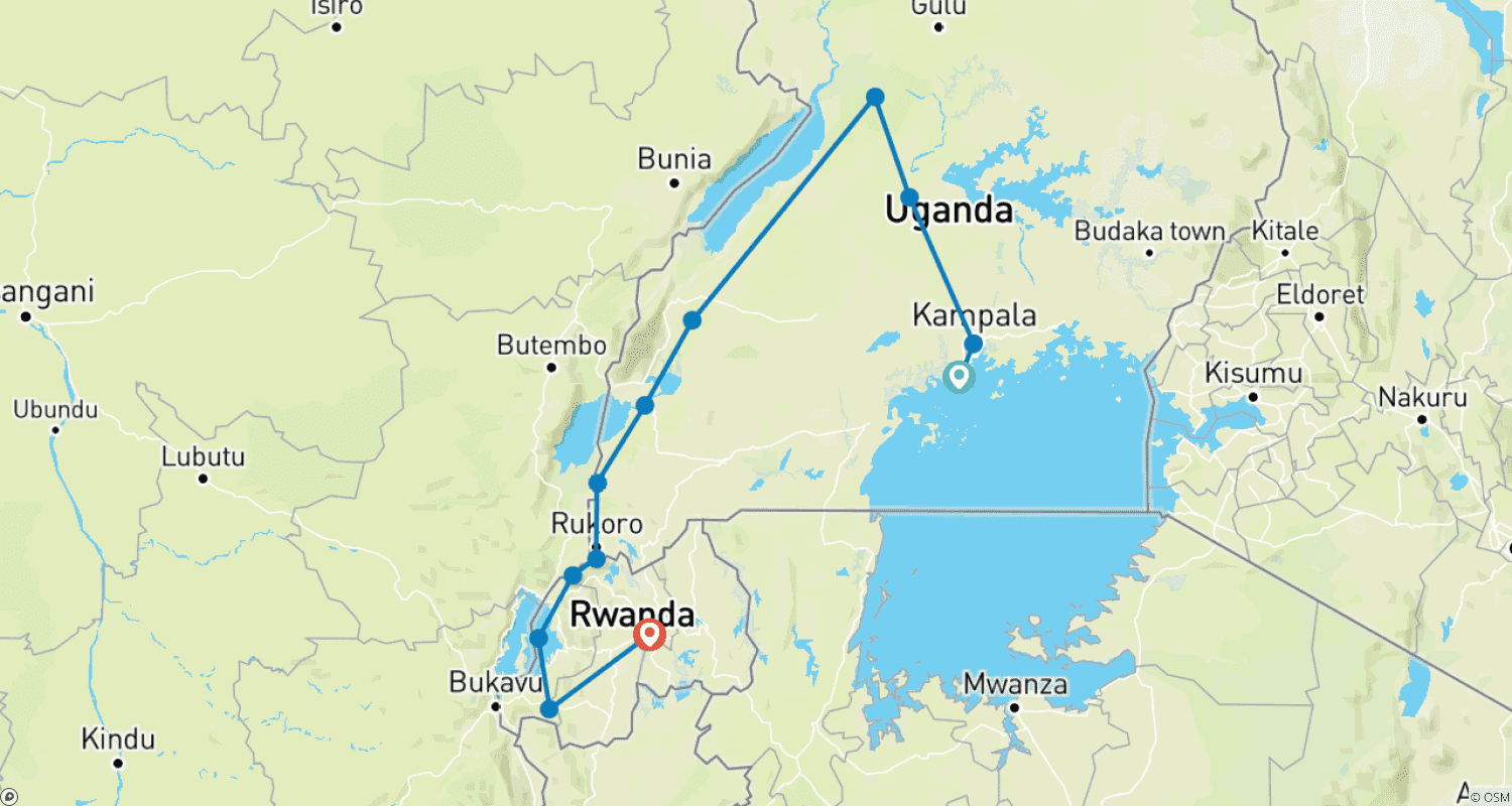 Mapa trasy: 13-dniowe safari: Odkryj Ugandę i Rwandę