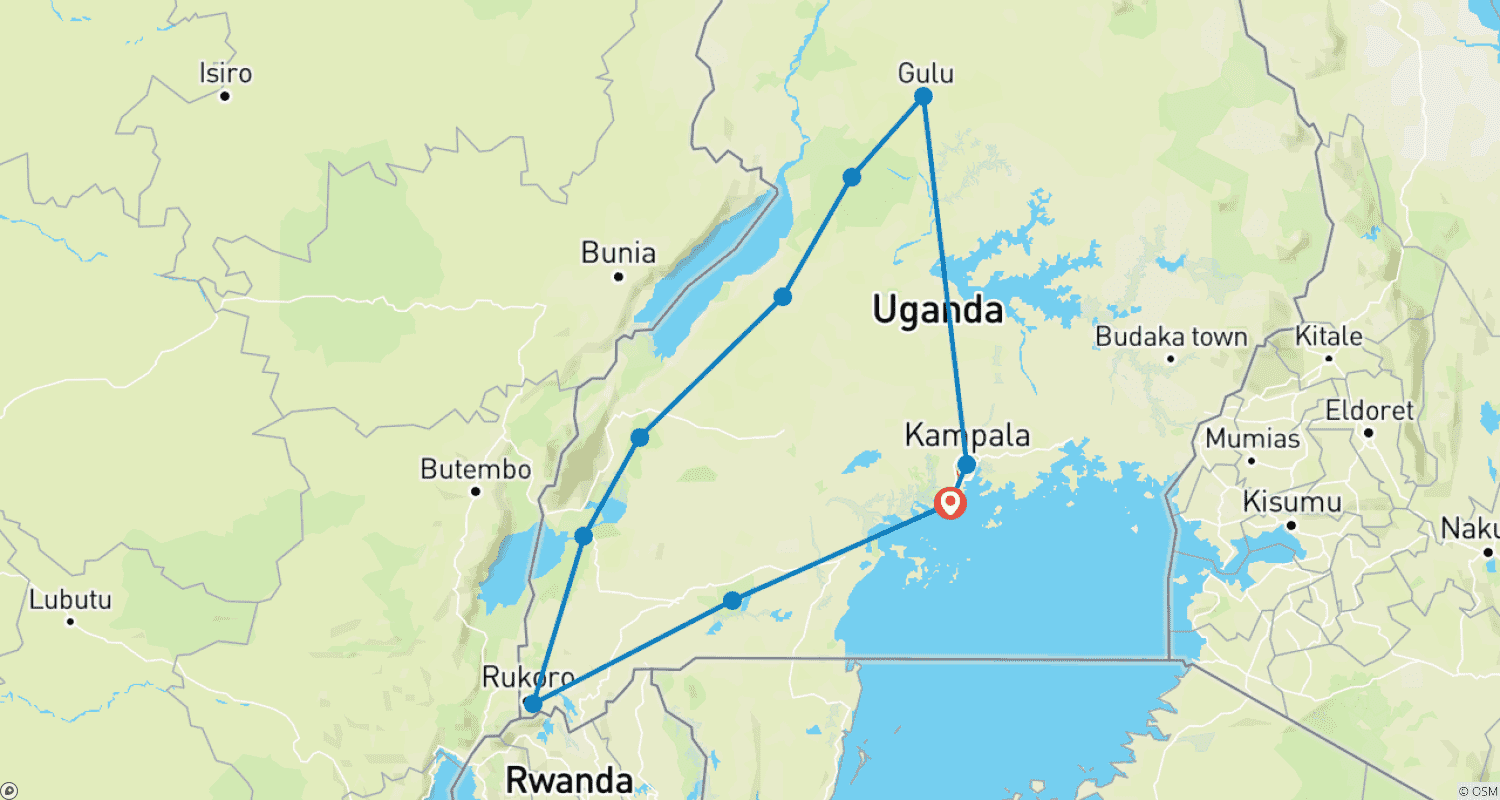 Mapa do percurso de Safári de 22 Dias: Gorilas, Chimpanzés, Leões e Cultura em Uganda