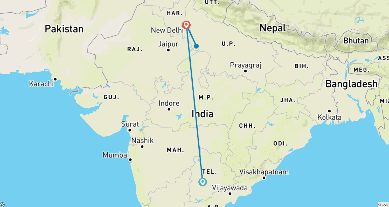 Mapa do percurso de Excursão Privada de 2 Dias ao Taj Mahal saindo de Hyderabad com Voo