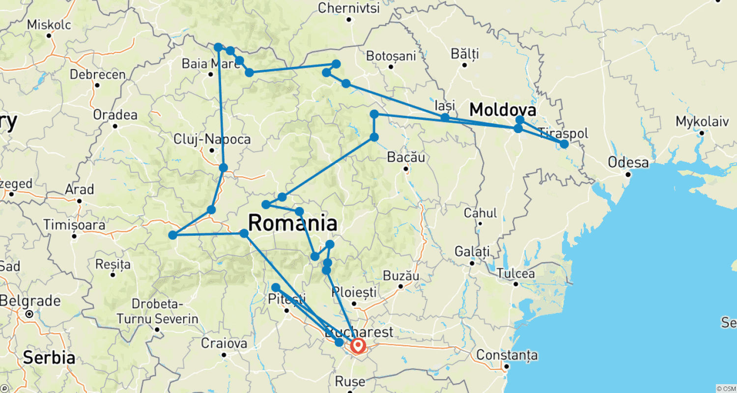 Mapa do percurso de Viagens de 15 dias na Romênia, Moldávia e Bulgária
