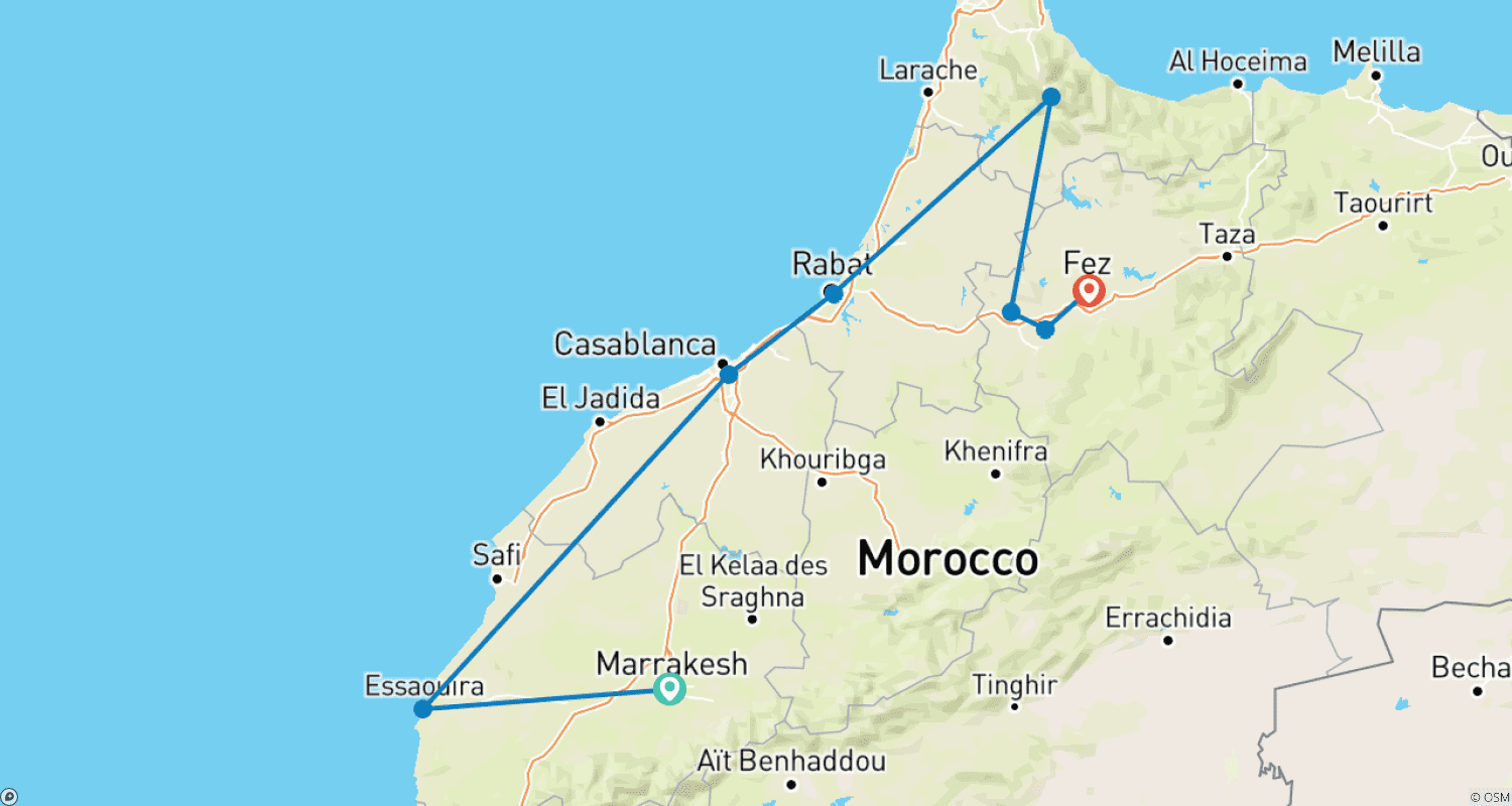 Mapa trasy: 4 Dni z Marrakeszu do Fezu przez Essaouirę / Chefchaouen