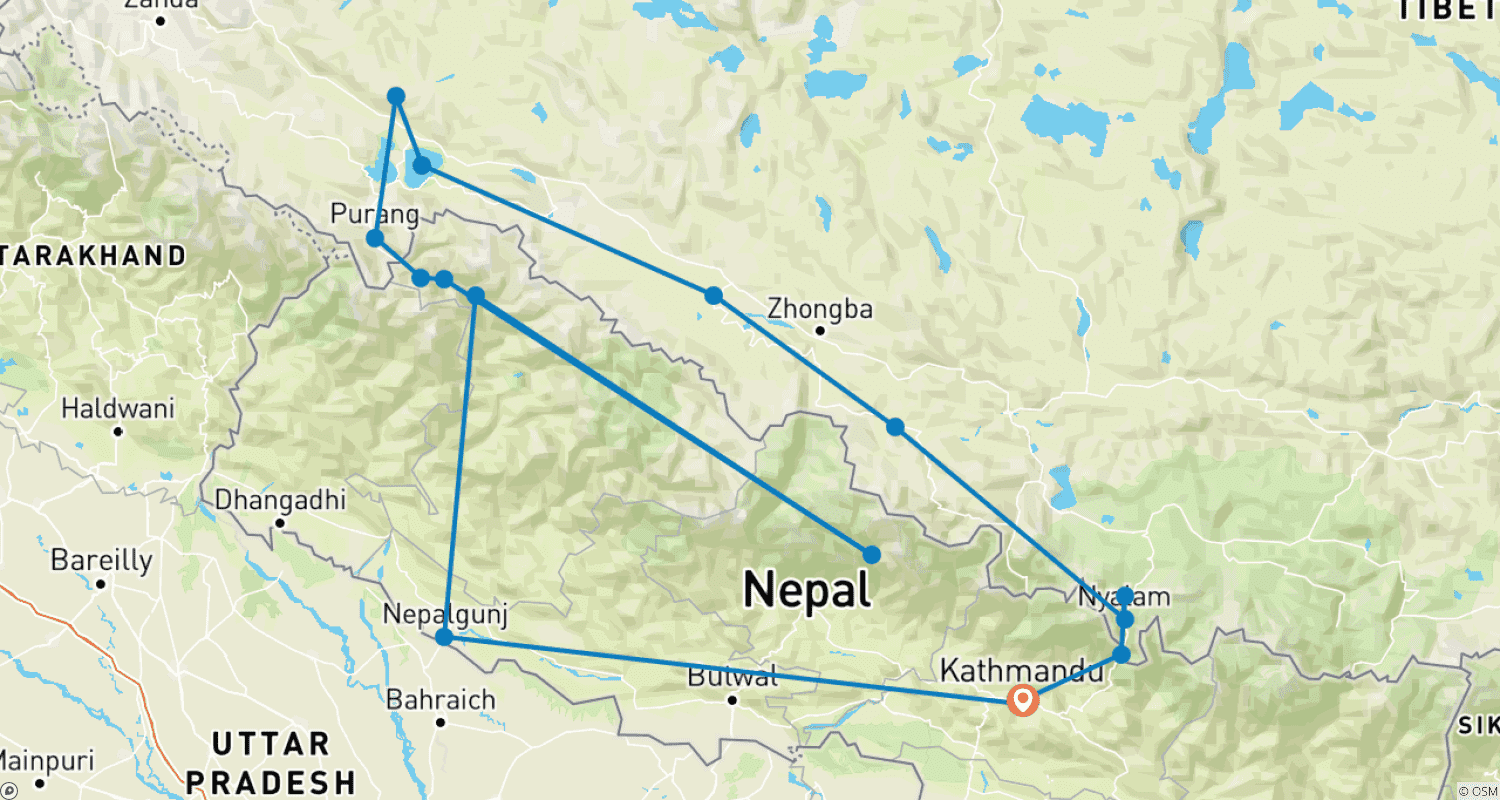 Mapa do percurso de 20 dias - Tour Kailash via Simikot