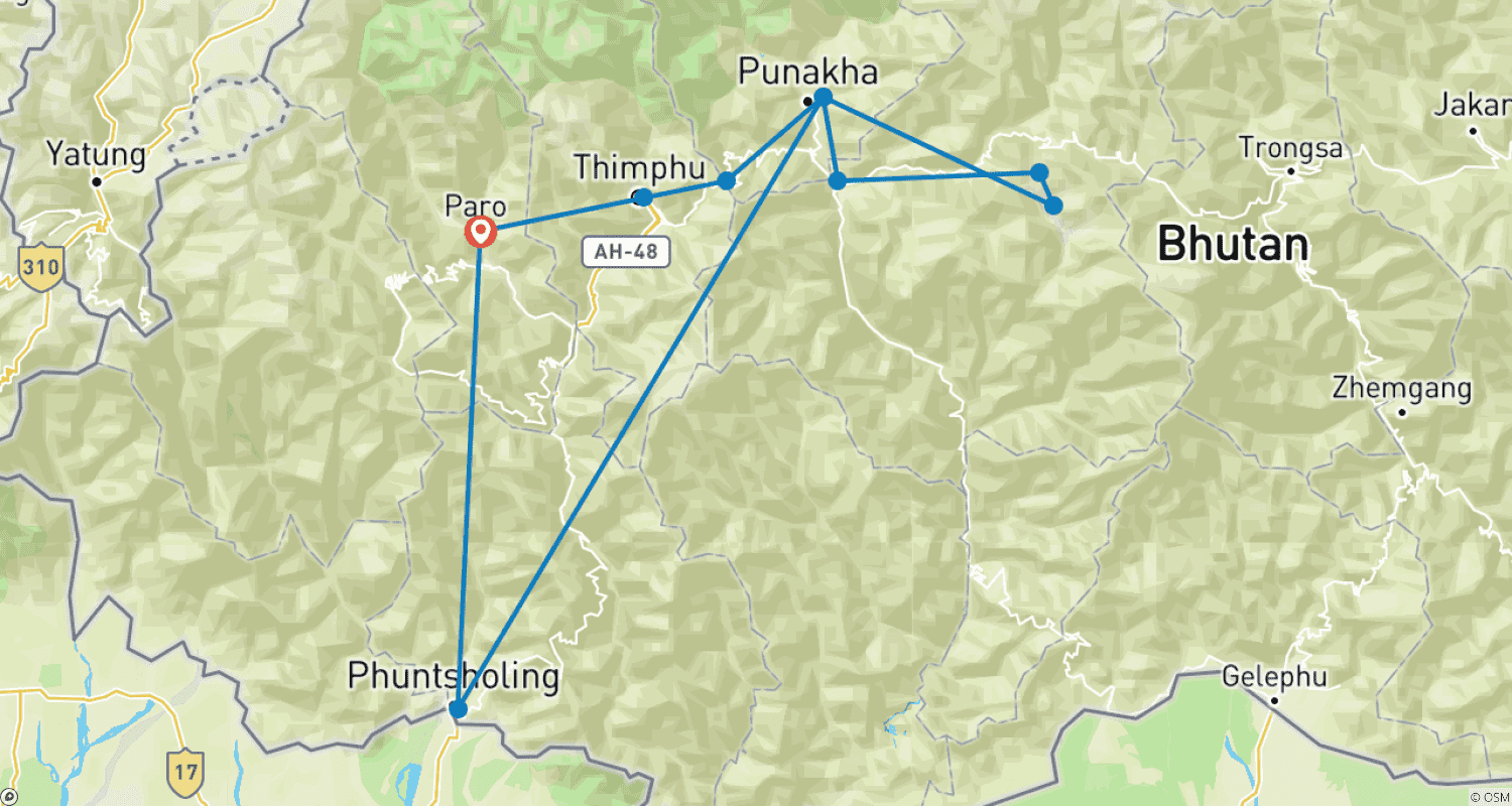Mapa do percurso de 7 Dias - Excursão de Paro a Phuentsholing