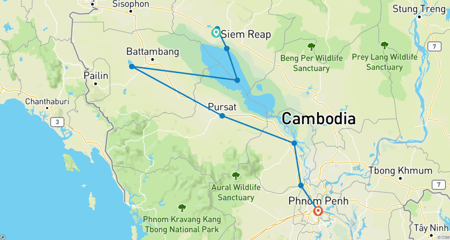 Mapa trasy: Kambodża: 7-dniowa wycieczka z Siem Reap do Battambang i Phnom Penh