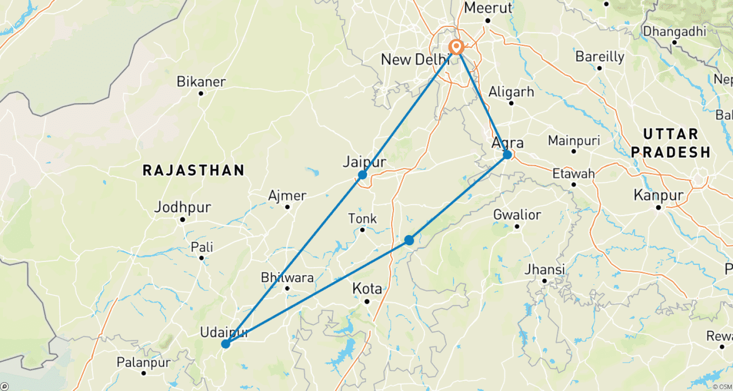 Mapa do percurso de 8 Day Golden Triangle with Ranthambore and Udaipur - Taj Mahal, Tigers and Lakes