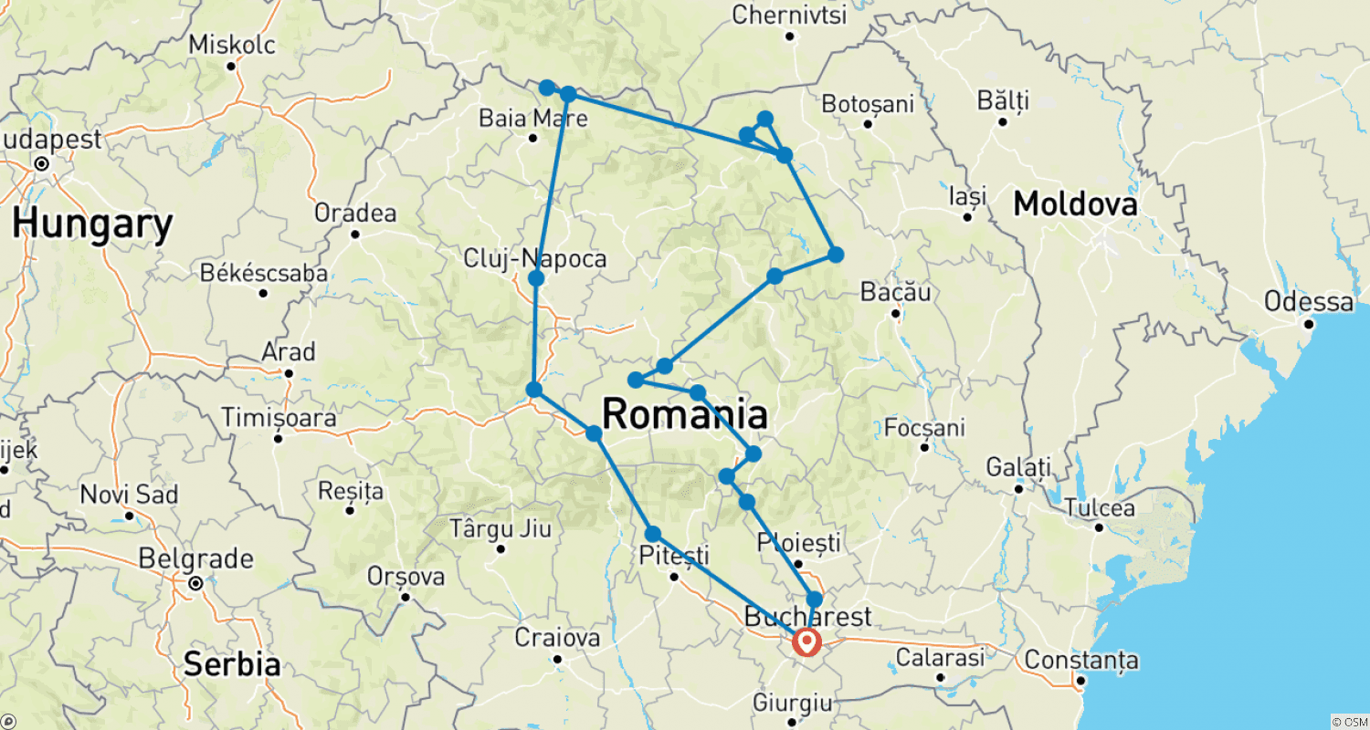 Mapa do percurso de Viagem de 10 Dias na Romênia
