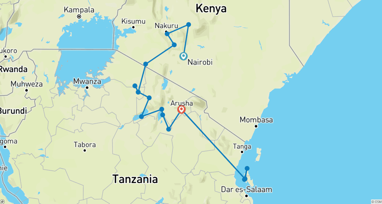 Mapa do percurso de Safari de 20 Dias no Quénia e Tanzânia para Idosos