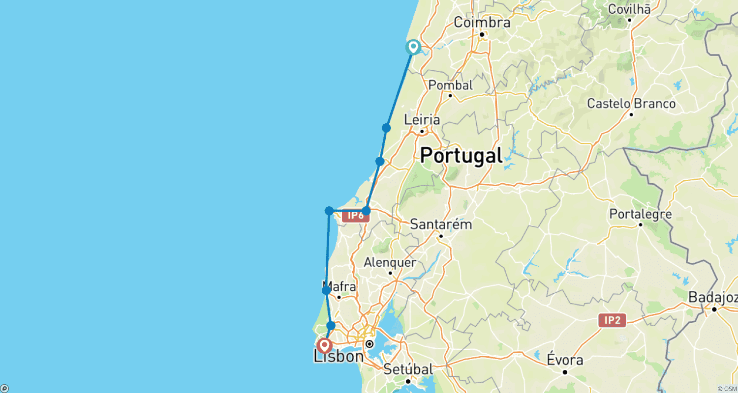 Mapa do percurso de Passeio de Bicicleta Atlântico pela Costa de Prata - Costa Oeste e Sintra